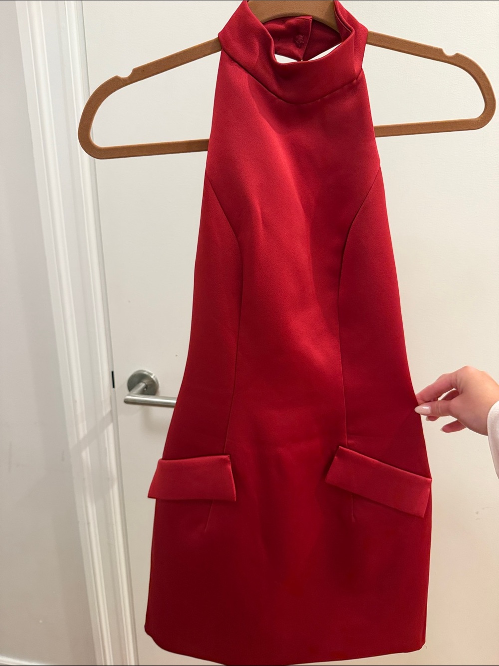 Red Halter Mini Dress with Pocket Flaps